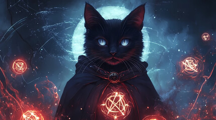 Mysterious black cat wearing a wizard s robe and surrounded by glowing magical symbols sigils and arcane energy in a dark atmospheric setting. Arcane. Illustration