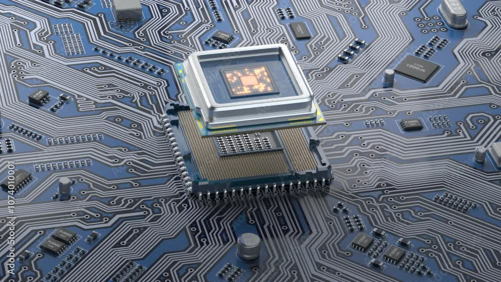 Poster CPU computer processor on circuit board data processing and AI artificial intelligence. 3d animation