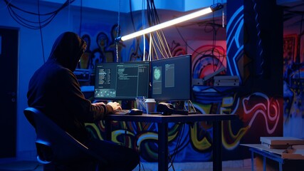 Hooded man in underground hideaway listening and breaking into computer systems to access valuable data. Evil hacker wearing headphones bypassing firewalls and login process, panning shot