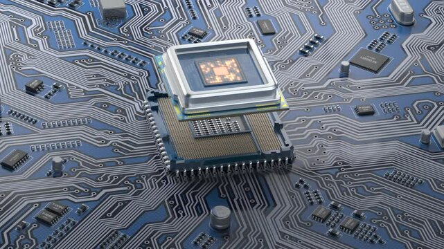 CPU computer processor on circuit board data processing and AI artificial intelligence. 3d animation