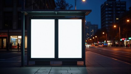 Nighttime City Bus Stop with Vibrant Urban Background