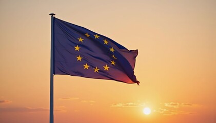 EU Flag Flying High at Sunset
