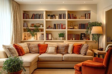 Cozy living room with a sectional sofa and a large bookshelf. This image is perfect for interior design, home decor, and lifestyle projects.