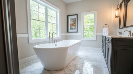 Fototapeta premium Modern bathroom with white soaking tub, marble floors, and double vanity.