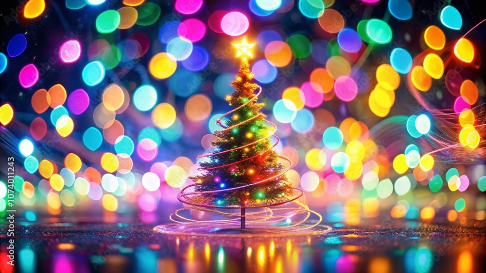 Aufkleber abstract christmas tree crafted from neon lights surrounded by bokeh lights creating a festive and d