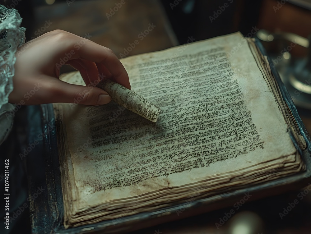 Poster a hand holding a scroll above an ancient, open book filled with handwritten text.