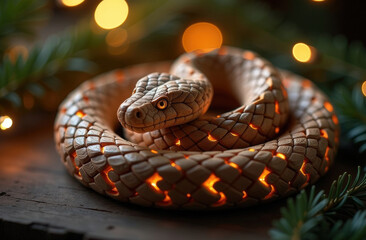 Fototapeta premium A carved wooden snake coiled on a wooden surface, surrounded by spruce branches and soft lights of warm light, creating an atmosphere of coziness and festivity