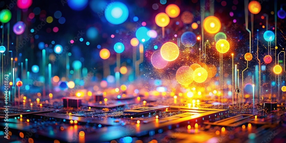 Poster abstract digital technology world with virtual business elements: a bokeh effect backdrop for innova