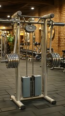 Fototapeta premium A gym machine designed for strength training with adjustable weights and cables.