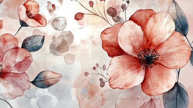 Watercolor minimalistic isolated illustration of a spring floral pattern with large flowers and soft pastel tones for postcards, banners