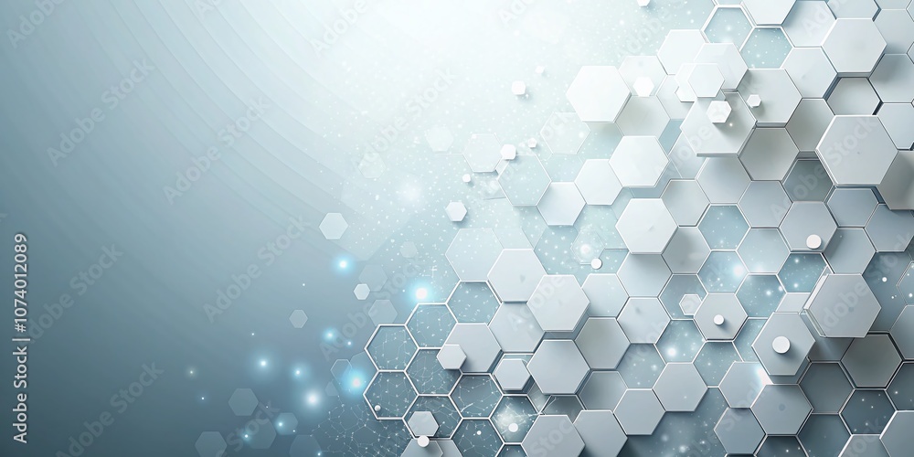 Poster abstract geometric background with white hexagons and scattered particles on a clean surface, ideal 