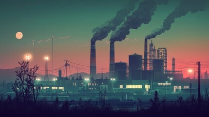 Obraz premium A large industrial complex with smoke stacks spewing pollution into the night sky.