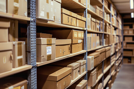 View of law enforcement evidence storage room archive with shelves and boxes, indoor storage details in a manufacturing enterprise