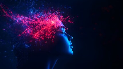 Fototapeta premium Sci-fi woman's portrait, puzzle pieces glowing around her head like neurons firing, symbolizing mental clarity, blue and purple hues, high-tech design, sharp contrast