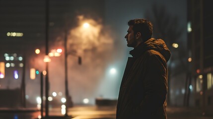 A man in a jacket standing on the street at night