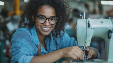 Smiling Seamstress Working on Sewing Machine
