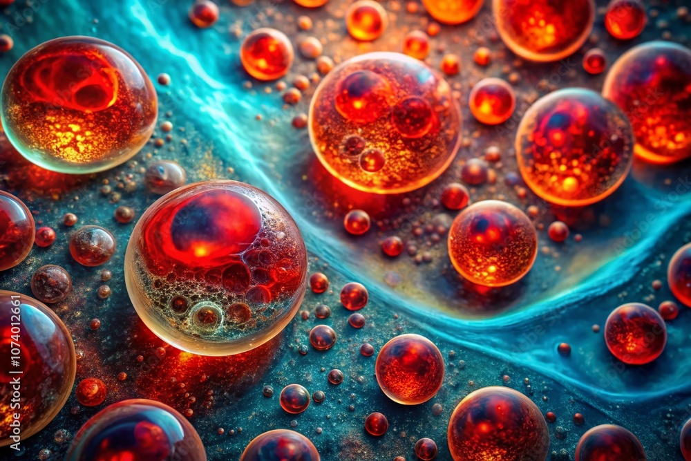 Poster abstract macro photography of fiery red disc-shaped cells flowing in a watery texture, creating a sp