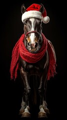  Festive horse in Santa hat and scarf captures Christmas spirit with a touch of humor on black background