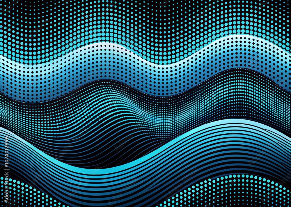 Poster abstract monochrome blue and black wavy halftone pattern with dynamic flowing lines, perfect for mod