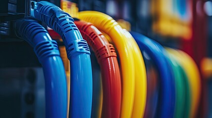 Colorful cables plugged into a server. This image can represent technology, connection, or data transfer.