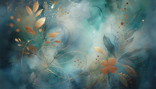 Artistic watercolor background in teal with hints of gold leaf accents,elegant and modern botanical design