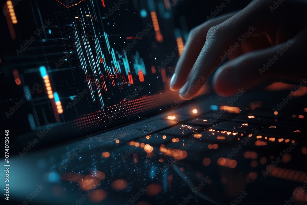 Poster Hand Interacting With a Laptop Keyboard Displaying Data