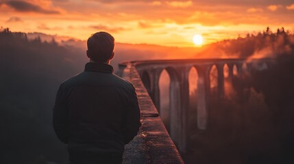 Fototapeta premium A man looking at the sunset on an old bridge