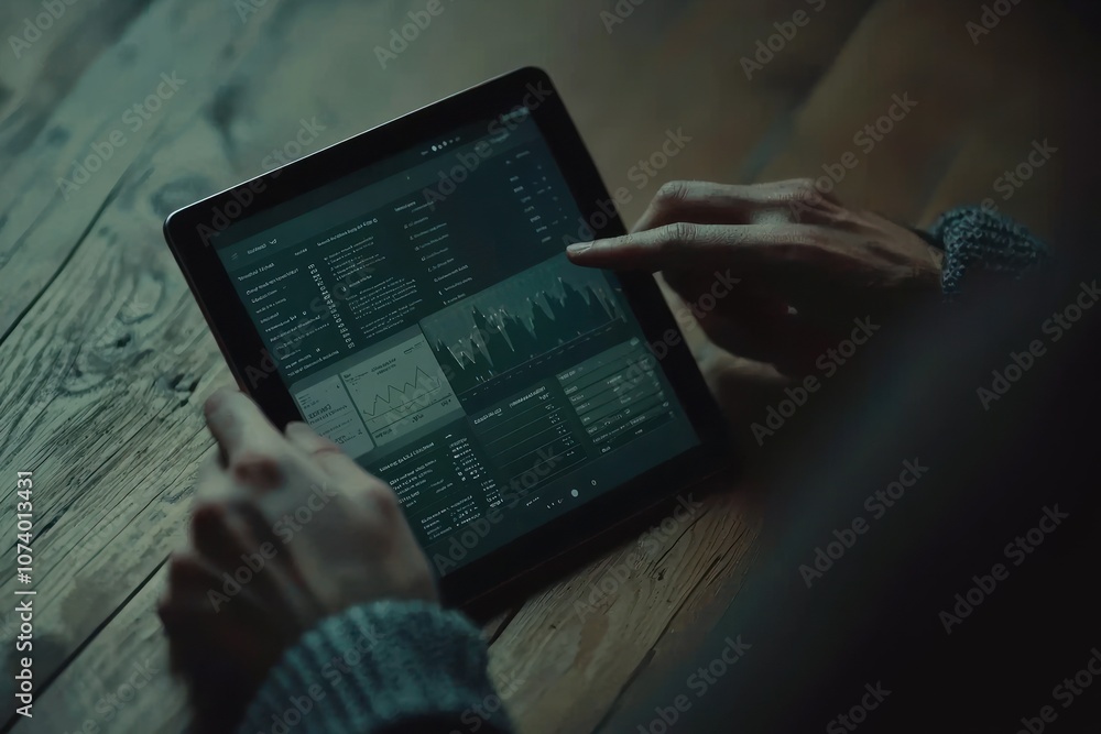 Poster Person Analyzing Data on a Tablet with Charts and Graphs
