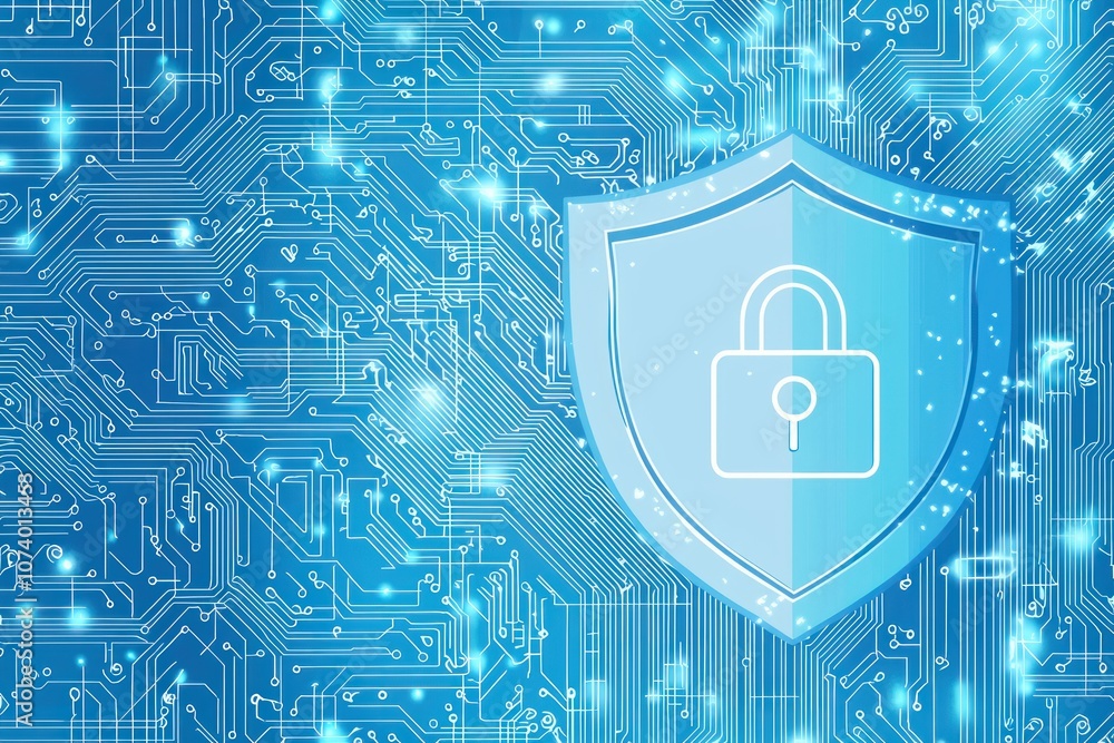 Poster Abstract digital security concept with a shield and padlock icon on a blue circuit board background