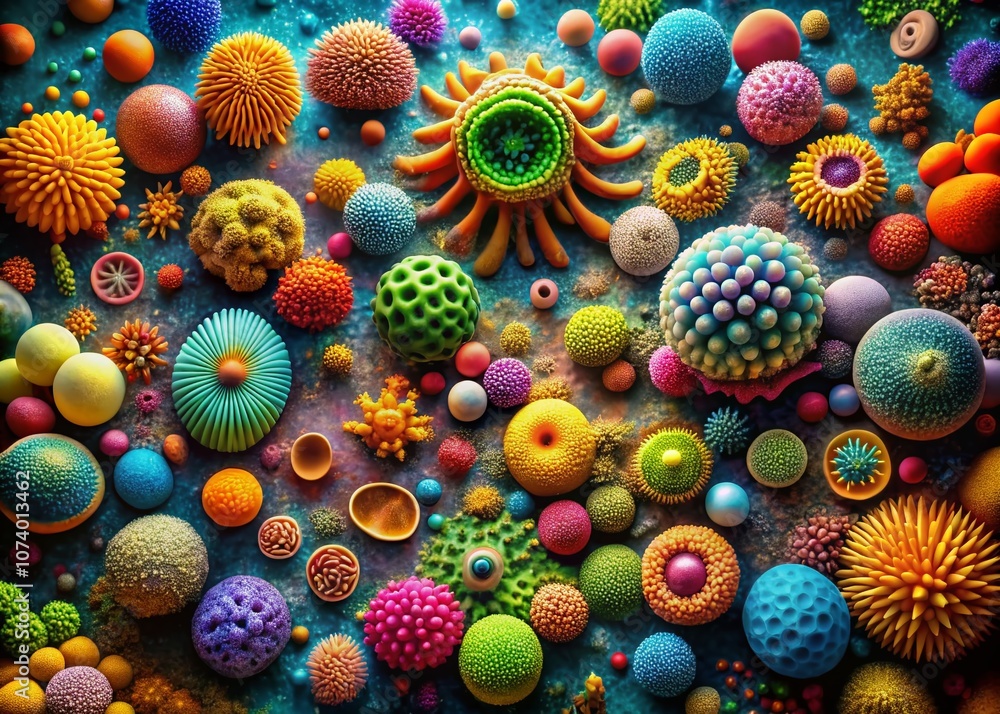 Poster abstract representation of microscopic organisms in vibrant colors and shapes showcasing a colorful 