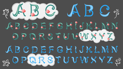 An alphabet with colors and a universal handwritten one with curls. Text design ideas for creativity. For perfumes, beauty and fashion or postcards. Letters grow like plants.
