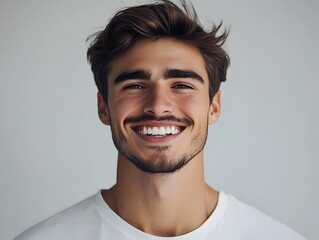 Young man with beautiful smile on gray background