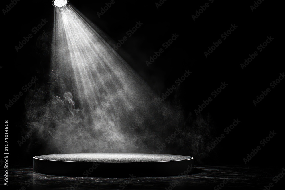 Poster a circular platform illuminated by a spotlight with smoke and a black background