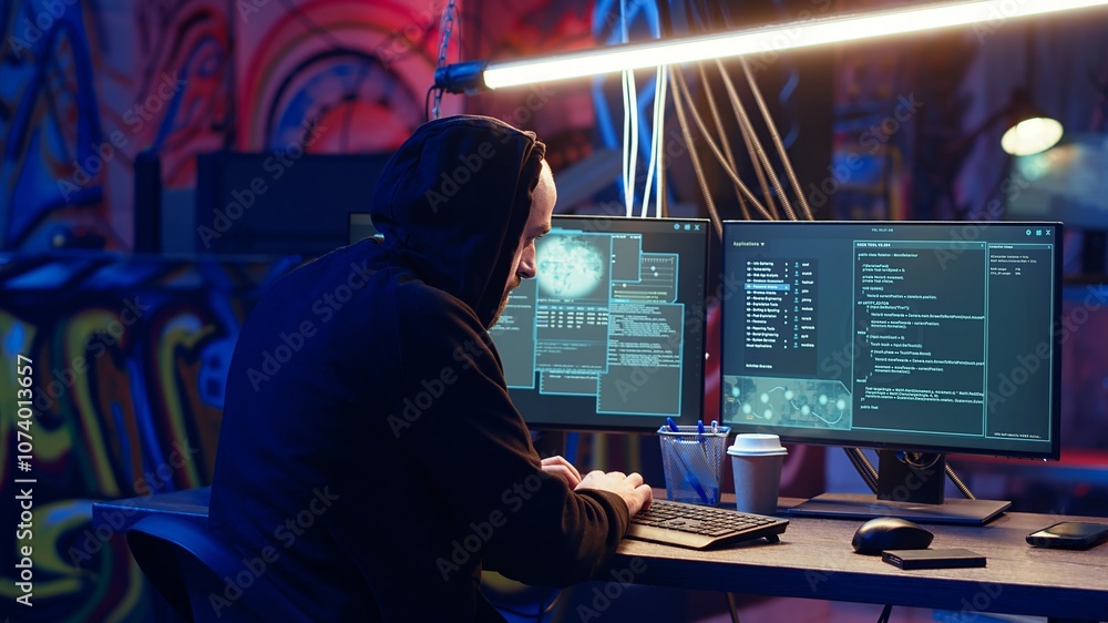 Poster hacker arriving in secret underground base with ssd containing data from victim after tricking it in