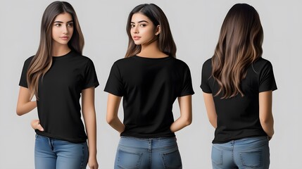 Obraz premium Young Woman Wearing Black casual t-shirt.Side view back