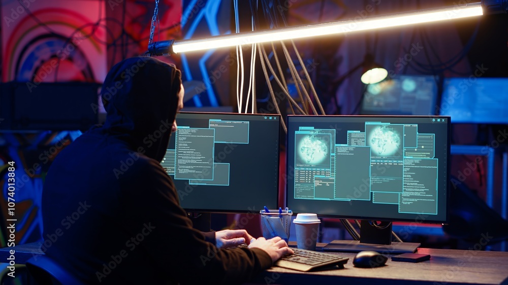 Poster hacker happy after successfully doing computer sabotage using encryption trojan ransomware in hidden