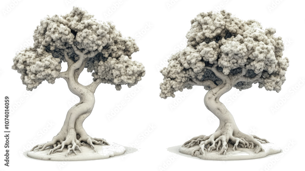 Poster unique trees with intricate roots on transparent background generative ai
