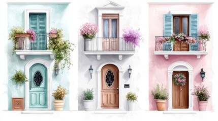 Charming European homes with decorative balconies and colorful plants adorning each unique front door