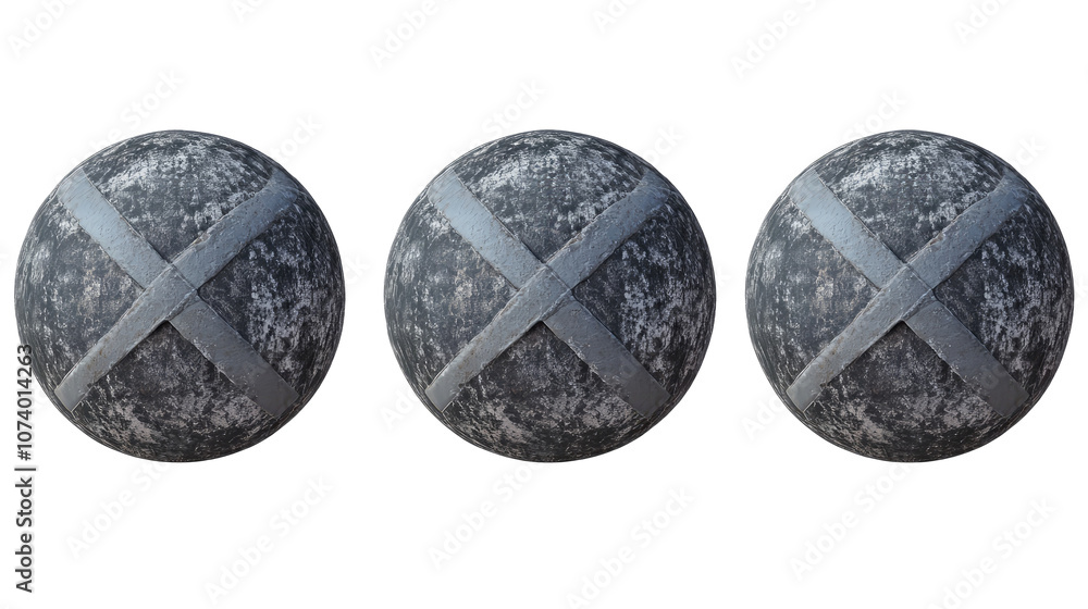 Poster set of three textured spherical objects on a transparent background generative ai