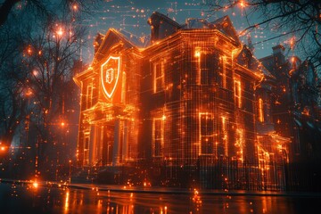 Obraz premium An Orange Glow Encasing a Large Building with a Shield Emblem