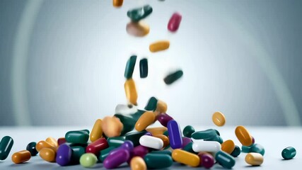Colorful capsules and tablets falling on a surface