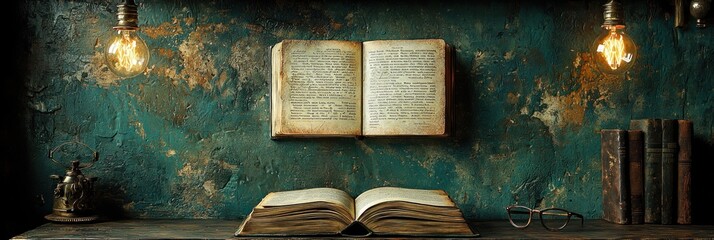 An Open Book with Old Text,  Vintage Light Bulbs and Glasses on a Dusty Wooden Shelf