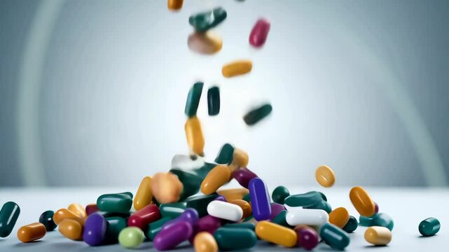 Colorful capsules and tablets falling on a surface