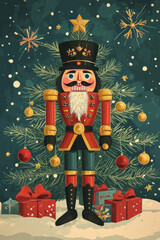 An image of a festive nutcracker soldier standing in front of a Christmas tree with snowflakes falling around, vintage greeting card illustration