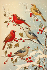An image of several colorful birds perched on snow-covered branches adorned with red berries, vintage style greeting card