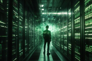 Businessman observing server room, immersed in futuristic green data flow