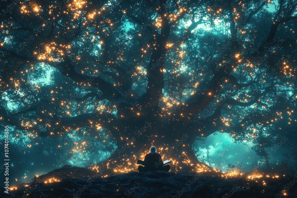 Poster a lone figure sits beneath a glowing tree in a mystical forest.