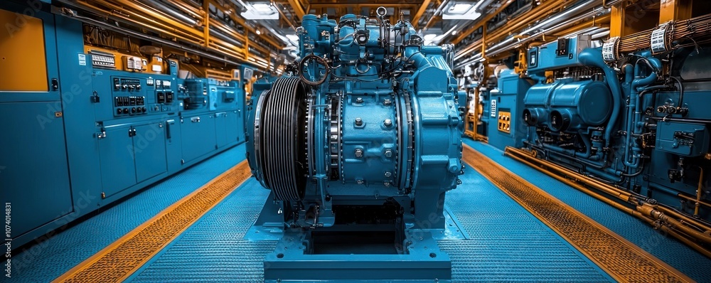 Poster a close-up view of a large industrial engine in a machinery room