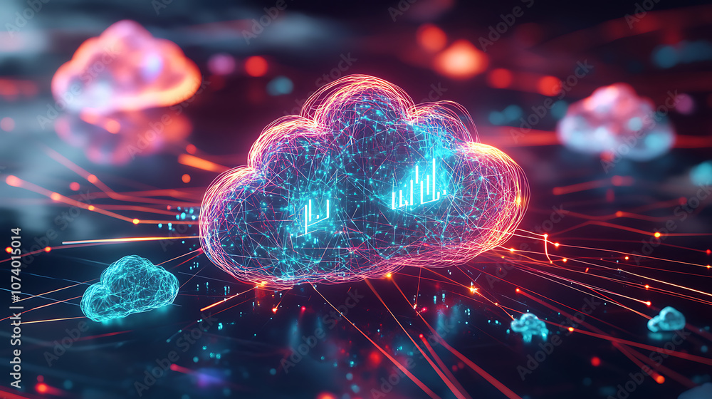 Poster a cloud with data flowing out of it, glowing neon lines connecting to other clouds in the background