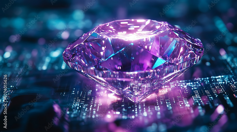 Poster A glowing violet and blue diamond symbolizes digital wealth, crypto, and NFT ownership, Subtle binary code overlays enhance the futuristic theme, representing blockchain technology